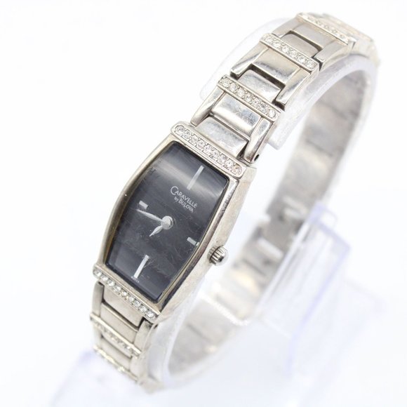 Caravelle By Bulova Watch Womens Silver Tone Rhinestones Black Rectangular Dial - Picture 1 of 8